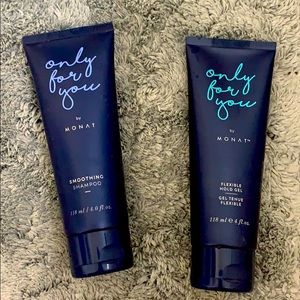 Flexible hold gel and shampoo .